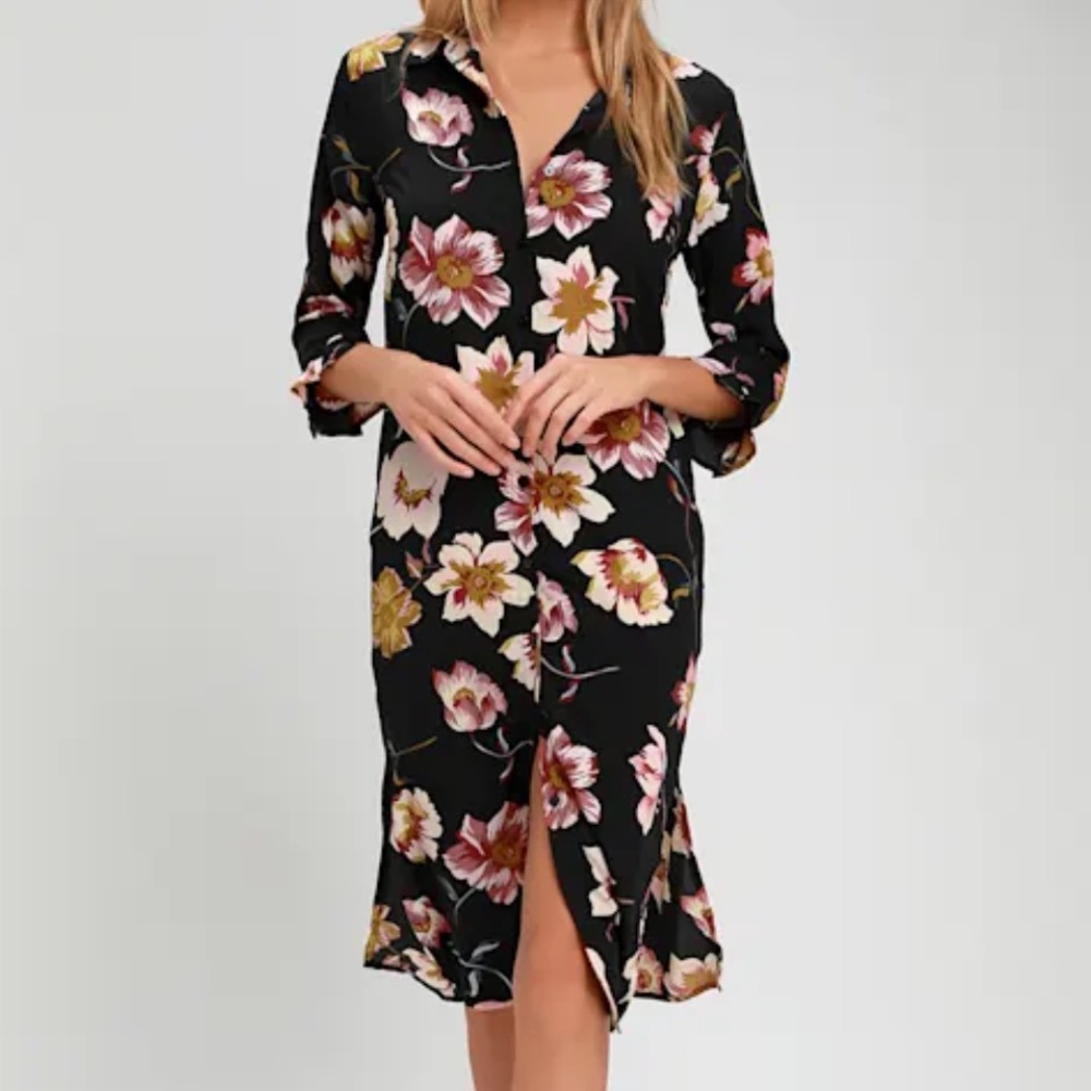 Lulus Mary Anne Black Floral Print Midi Shirt Dress